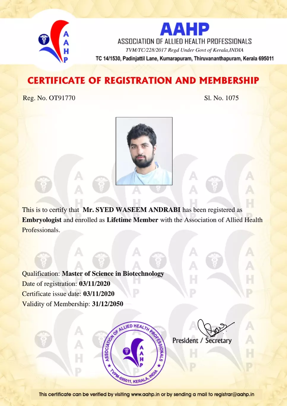 Lifetime Member of AAHP Certificate