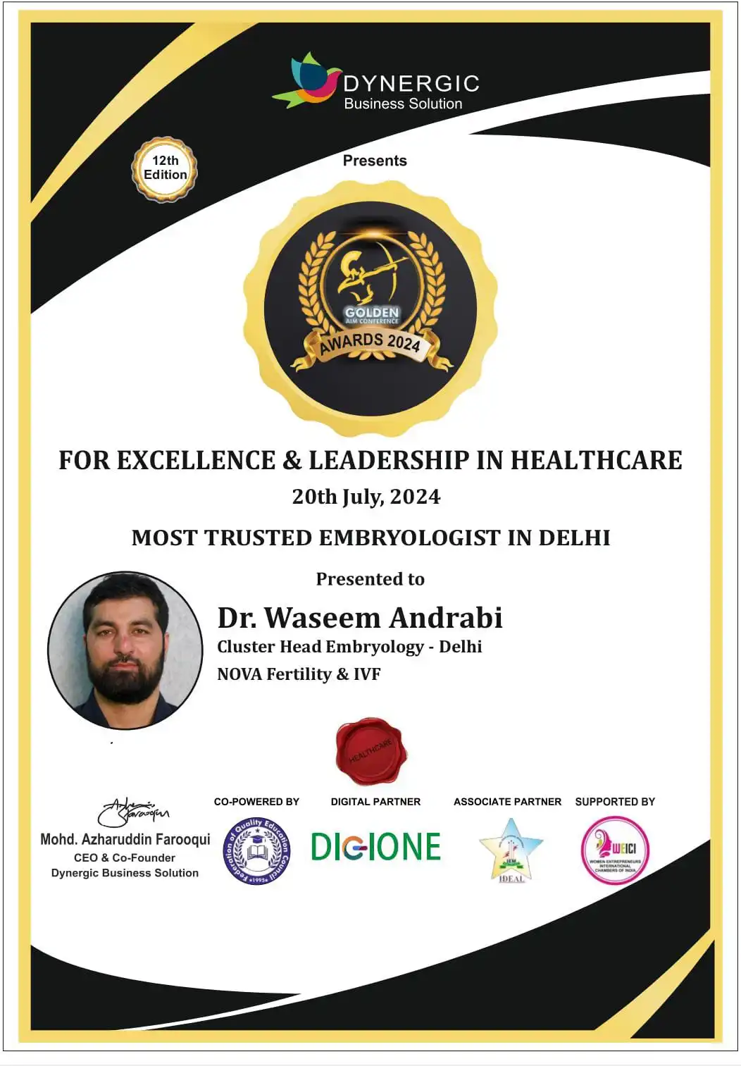 Most Trusted Embryologist in Delhi Certificate